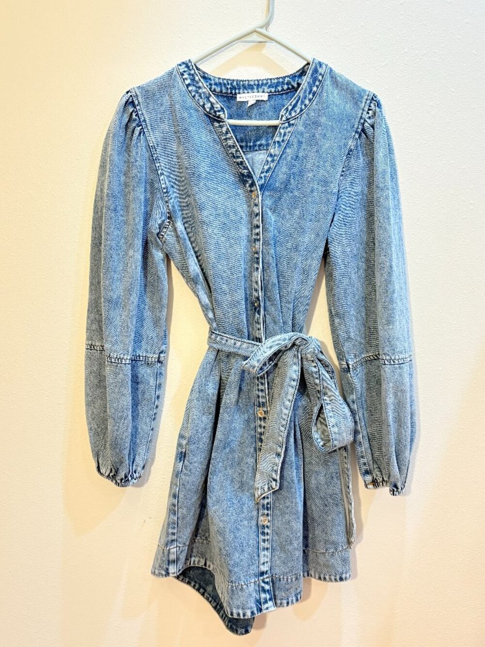 Baltic Born Denim Mini Dress M Acid Wash Puff Sleeve Belted Button Front